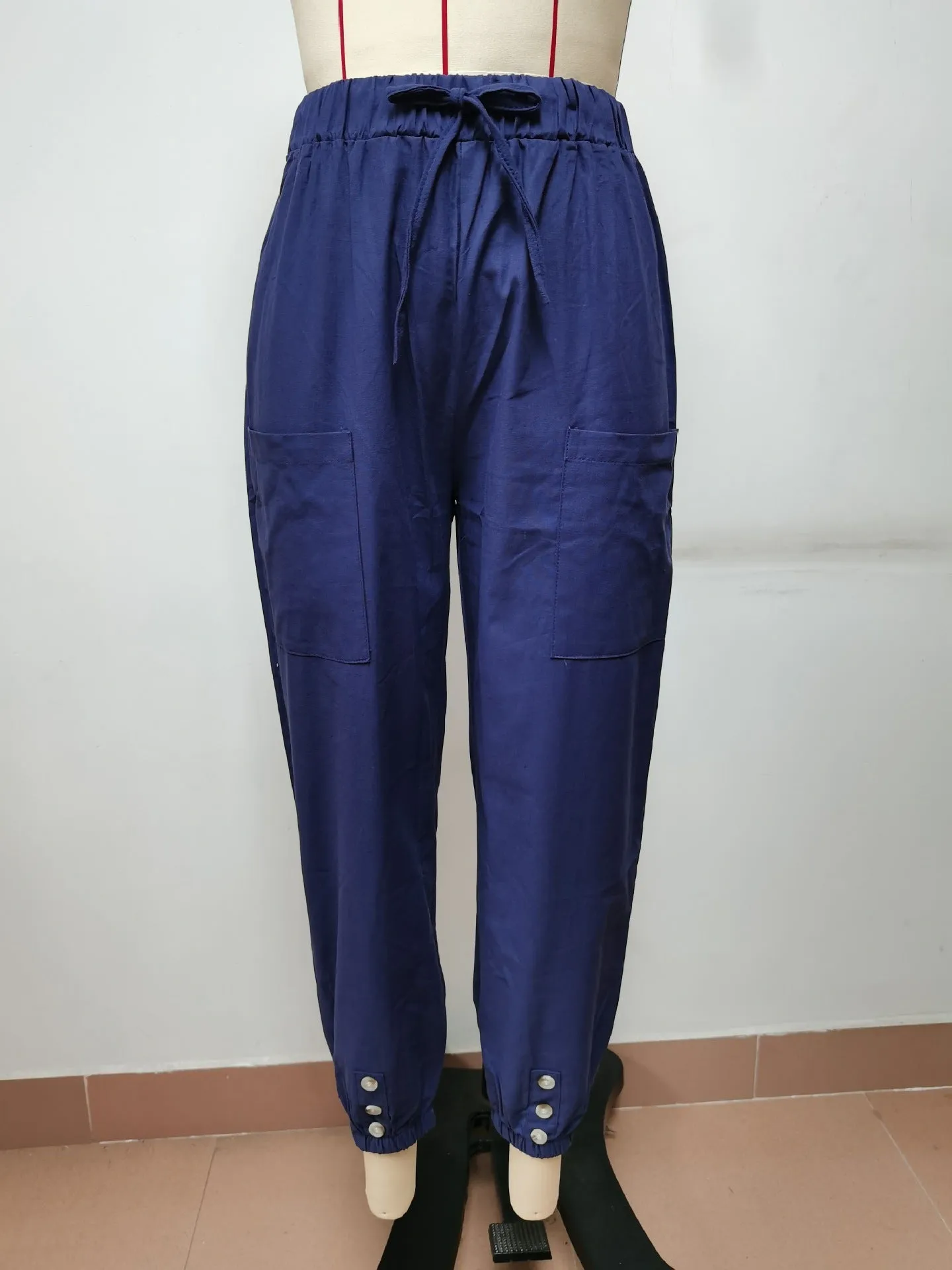 Women's Loose High Waist Button Cotton And Linen Trousers Pants