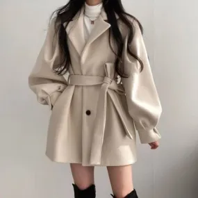 Women's Mid-Length Woolen Coat with Collar and Waist Tie in 2 Colors S-2XL