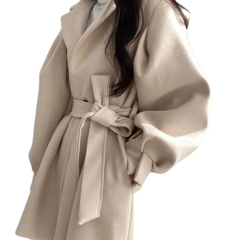 Women's Mid-Length Woolen Coat with Collar and Waist Tie in 2 Colors S-2XL