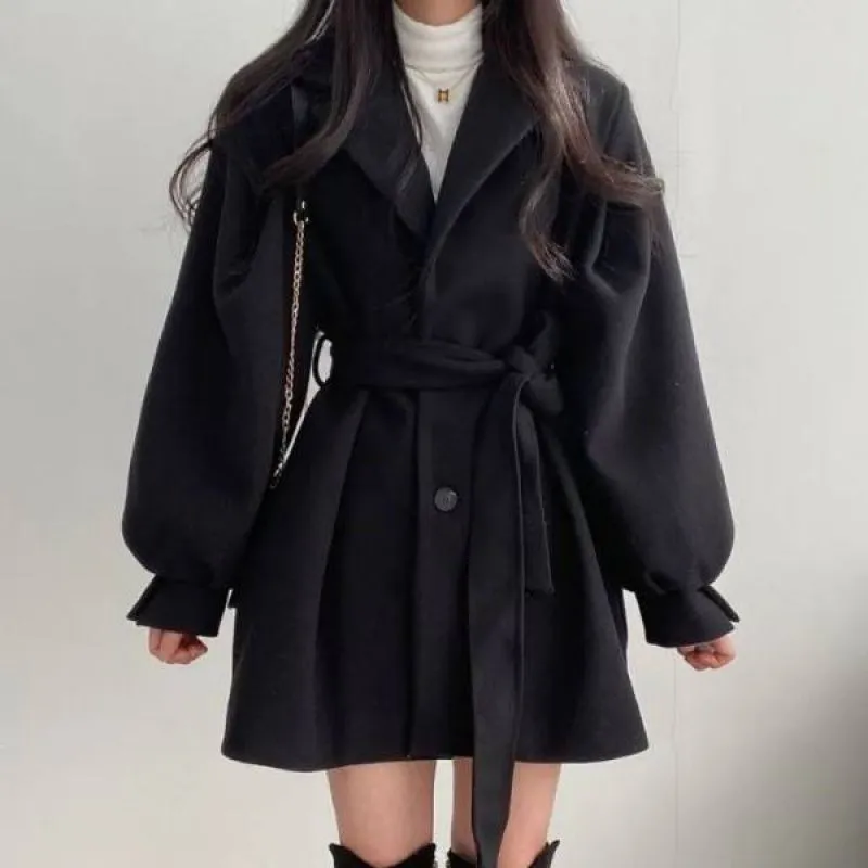 Women's Mid-Length Woolen Coat with Collar and Waist Tie in 2 Colors S-2XL