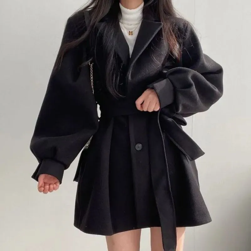 Women's Mid-Length Woolen Coat with Collar and Waist Tie in 2 Colors S-2XL
