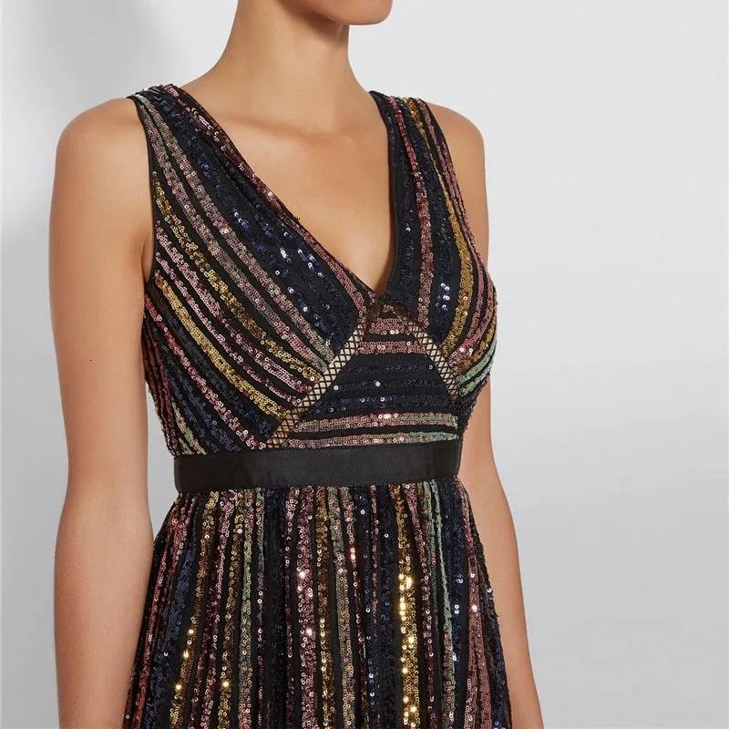 Women's Summer V-Neck Sequined Sleeveless Long Dress