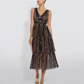 Women's Summer V-Neck Sequined Sleeveless Long Dress