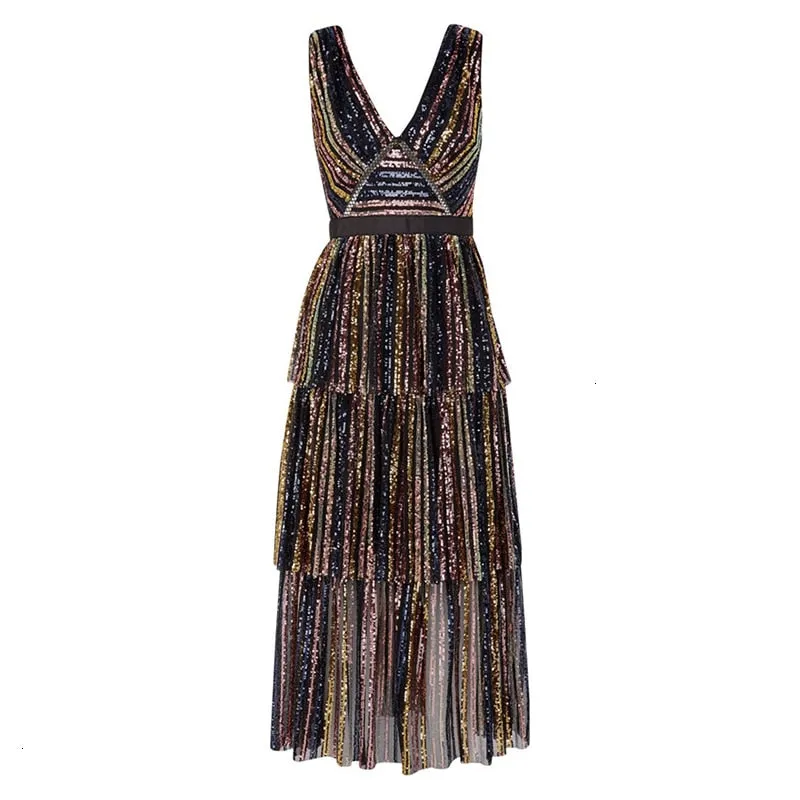 Women's Summer V-Neck Sequined Sleeveless Long Dress