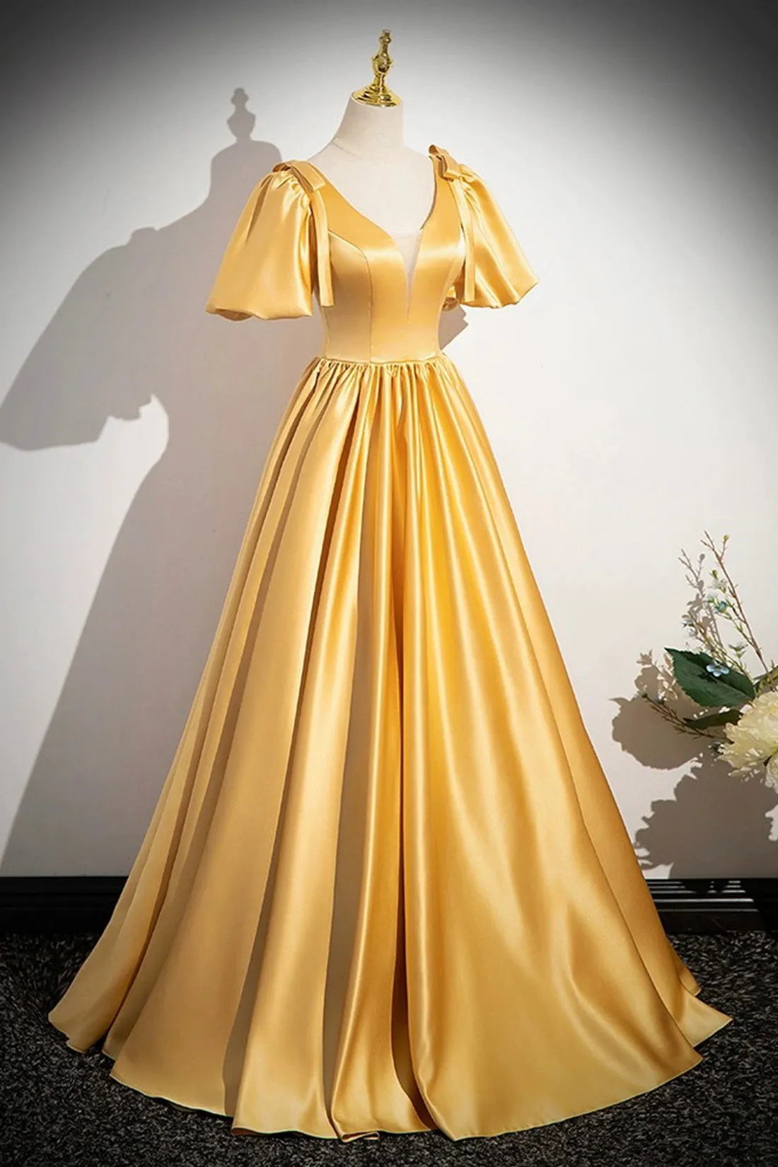 Yellow V-Neck Satin Long Prom Dress, Yellow A-Line Short Sleeve Evening Dress