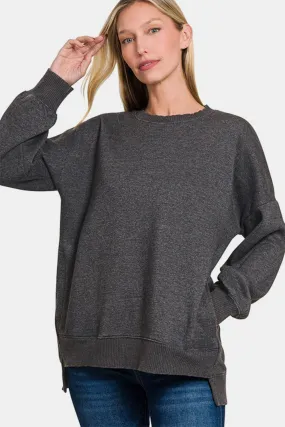 Zenana High-Low Acid Wash Fleece Sweatshirt Black